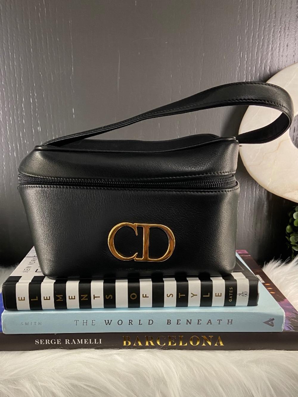 Christian Dior Vintage Black Leather Vanity Cosmetic Bag Handbag Gold Hardware